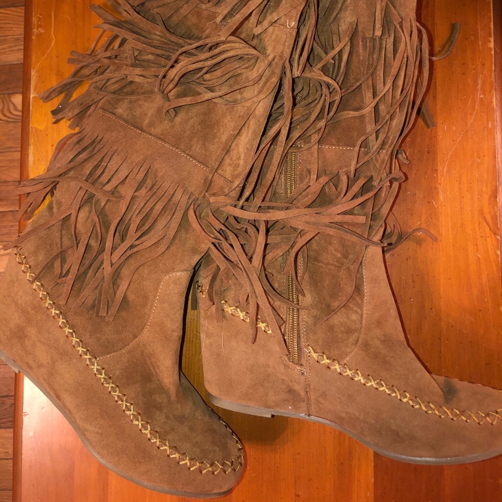 Tall Fringe Boots In Tan/Suede Size 9